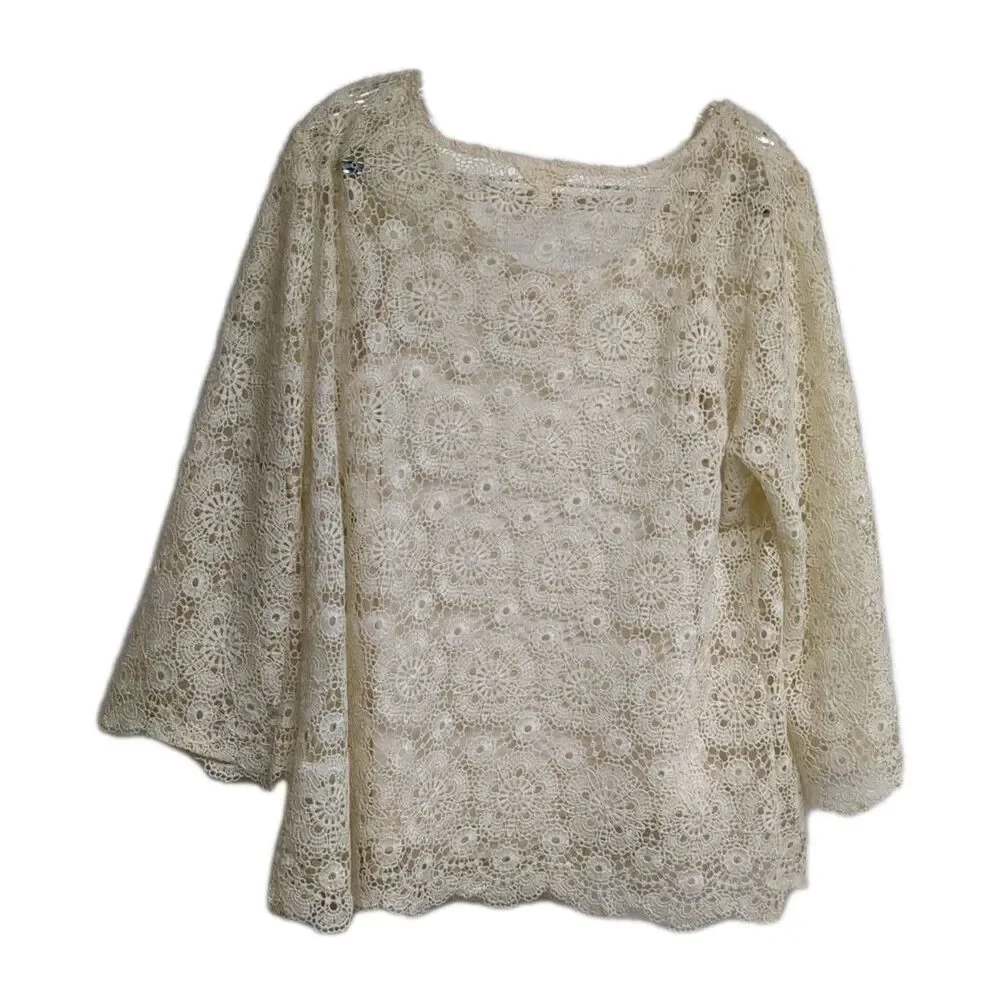 Crochet Top Women Large Layer 3/4 Sleeves Elegant Blouse / Tank Cream L